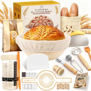 lot 8024 image: RYMTOX Complete Sourdough Starter Kit  Easy to Clean & Use for Beginners & Bakers  Natural Rattan Proofing Basket with Full Accessories  Sourdough Bread Baking Supplies for Bakers Women Wife - Retail $30