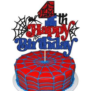 lot 8029 image: Gyufise 1Pcs Spider Happy 4th Birthday Cake Topper Red Blue Glitter Baby Shower Party Cake Decoration for Spider Themed Birthday Anniversary Party Supplies - Retail $6