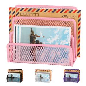 lot 8030 image: EASEPRES Desk Mail Organizer, Office Small Desktop Metal Mesh Envelope Letter Sorter Paper File Holder Organizer with 3 Vertical Upright Compartments, Pink 1 Pack - Retail $9
