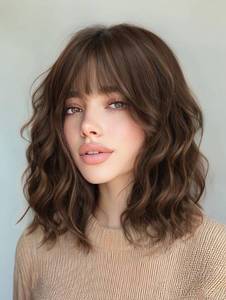 lot 8037 image: AISI HAIR French Caramel Balayage Brown Synthetic Wavy Curly Bob Wig with Bangs Short Wavy Hair for Women Synthetic Heat Resistant Bob Wigs - Retail $29