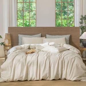 lot 8053 image: MooMee Gingham Duvet Cover Set 100% Washed Cotton Linen Like Textured Breathable Durable Soft Comfy Modern Checkered Design (Almond Milk Grey Gingham, Queen 90x90) - Retail $80