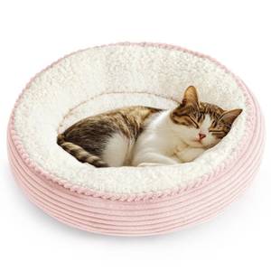 lot 8057 image: Loves cabin Round Donut Cat and Dog Cushion Bed, 20in Pet Bed for Cats or Small Dogs, Anti-Slip & Water-Resistant Bottom, Super Soft Durable Fabric Pet beds, Washable Luxury Cat Dog Bed Pink Stripe - Retail $19