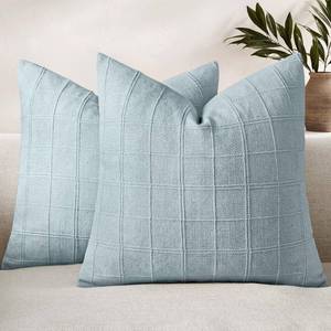 lot 8060 image: Woaboy Linen Check Throw Pillow Covers Light Blue Farmhouse Modern Boho Vintage Coastal 24x24 Inch Set of 2 Decorative Cushion Covers for Sofa Couch Bedroom Living Room Home Decor - Retail $26