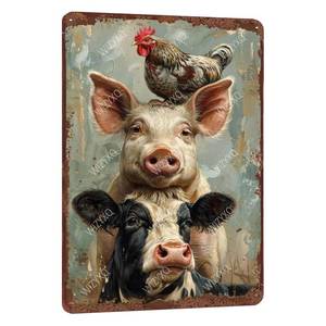 lot 8061 image: WIZYXQ Metal Signs A Pig Cow Chicken Vintage Tin Sign for Home Office Kitchen Bar Cafe Garden Farmhouse Chicken Coop Wall Decor 12x8 Inch - Retail $9