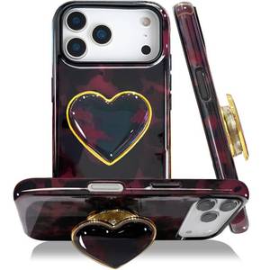 lot 8066 image: Cute Case for iPhone 17 Pro, Tortoise Shell Phone Case with Heart Printing Holder Kickstand, Hybrid 2-Layer Soft Hard Shell, Brown Amber Print Leopard Shockproof Protective Cover for Women Girls - Retail $12