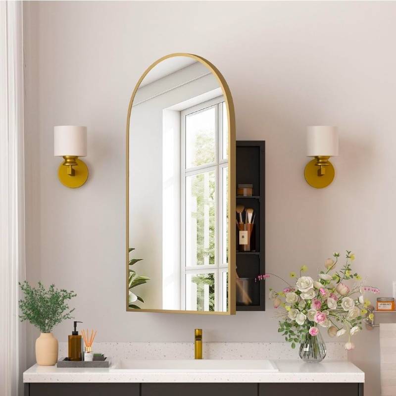 lot 96 image: Gold Brush Arched Mirror Medicine Cabinet Recessed or Surface Wall Mounted 16x31in  - Retail $129
