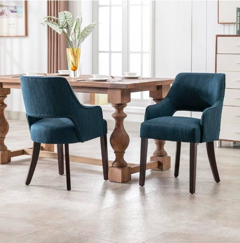 lot 93 image: Farmhouse Dining Chairs Set of 2 Upholstered Linen Kitchen Chairs Accent Side Chair with Solid Wood Legs- Blue - Retail $285