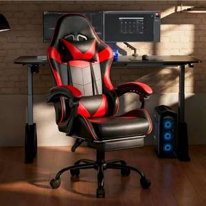 lot 100 image: Gaming Chair, Ergonomic Computer Chair with Footrest and Lumbar Support, Height Adjustable Office Chair with 360° Swivel Seat and Headrest (Red & Black) - Retail $90