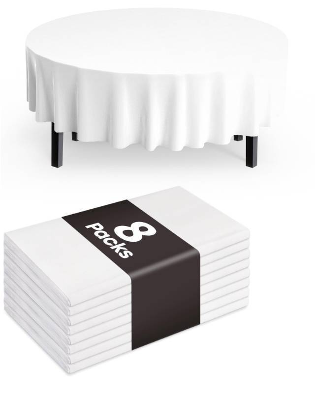 lot 56063 image: Plastic Table Cloth Disposable 8 Pack, 84 Round Table Cloths, Party, Picnic, Wedding, Decorative Tablecloths, Round, White Plastic Cover, Leakproof & Sturdy, White - Retail $15
