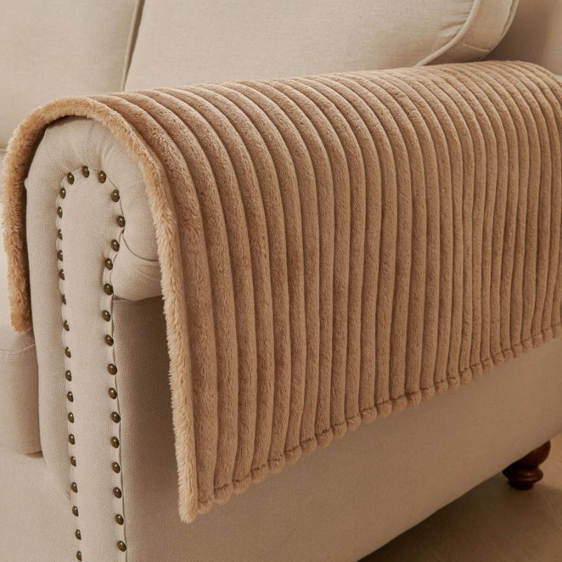 lot 56069 image: Non-Slip Couch Armrest Covers for Sofa, Fuzzy Couch Arm Covers Set of 2,Washable Thick Soft Recliner Chair Arm Cover Protectors (Khaki, 23 x 23 2 Pack) - Retail $23