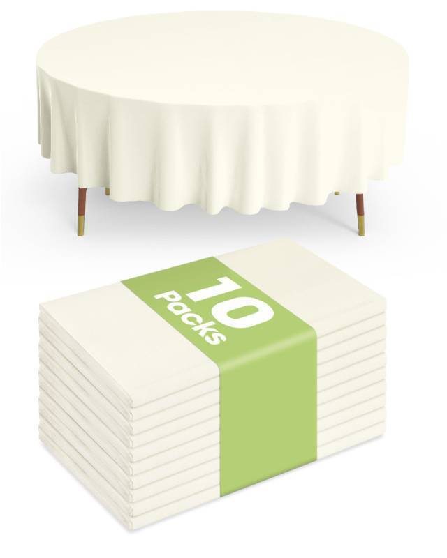 lot 56071 image: Plastic Table Cloth Disposable 10 Pack, 84 Round Table Cloths, Party, Wedding, Thanksgiving Decorations, Fall Tablecloths, Round, Beige Plastic Cover, Leakproof & Sturdy, Cream, Ivory - Retail $17