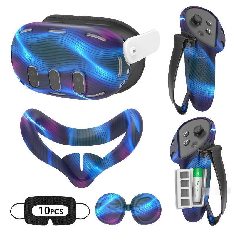 lot 56077 image: VR Silicone Case for Meta Quest 3, Accessories for Oculus Quest 3, Face Cover, Controller Grips, Shell Cover, Lens Cover, Disposable Eye Cover (BlueStripe) - Retail $32