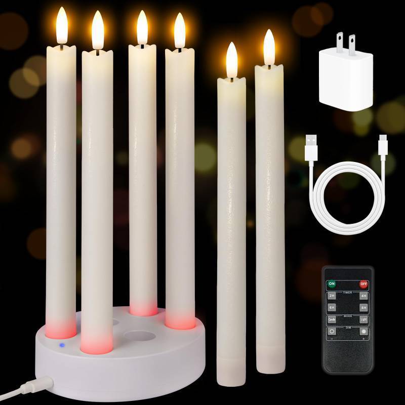 lot 56082 image: Rechargeable Flameless Taper Candles, 6 Pcs Real Wax Rechargeable LED Candles Flickering with Remote Timer and Charging Base, Battery Operated Candlesticks for Christmas Wedding Party Home Decor - Retail $39