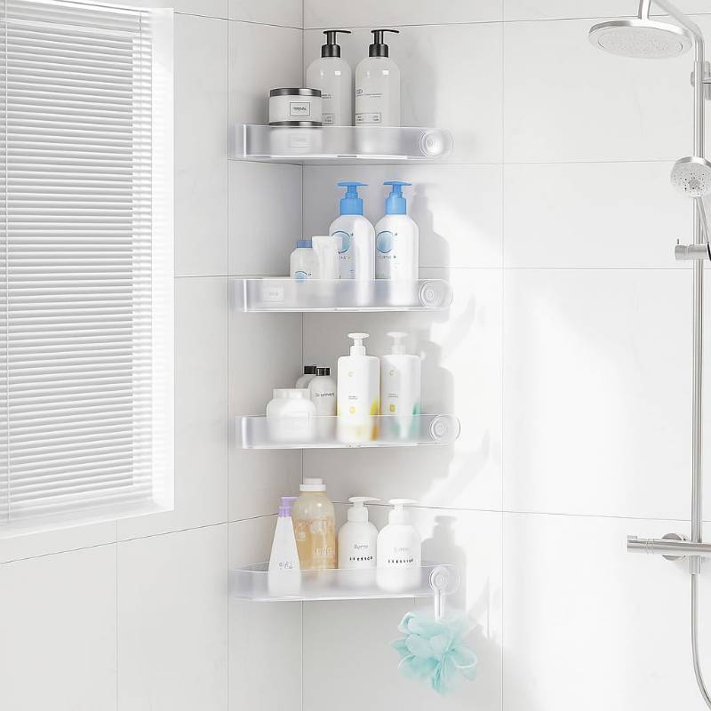 lot 56084 image: Plastic Shower Caddy Corner (for 90° Only), 4 Pack Adhesive Corner Shower Shelves for Bathroom Organizers and Storage, Crystal - Retail $18