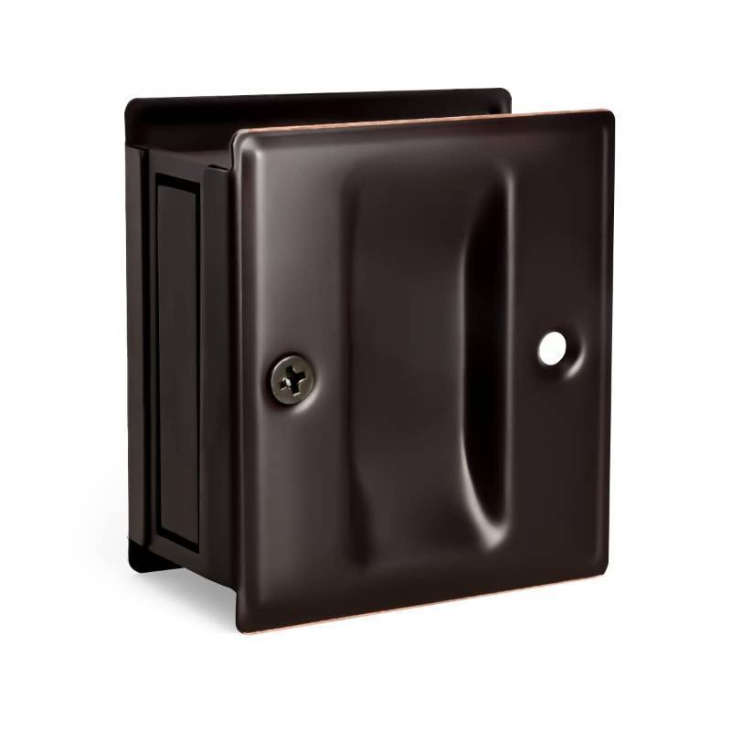 lot 56091 image: Privacy Pocket Door Pull - No Lock, Replace Old or Damaged Pull for Sliding Door, 2-34x2-12, 1-38 Thickness, Oil Rubbed Bronze - Retail $12