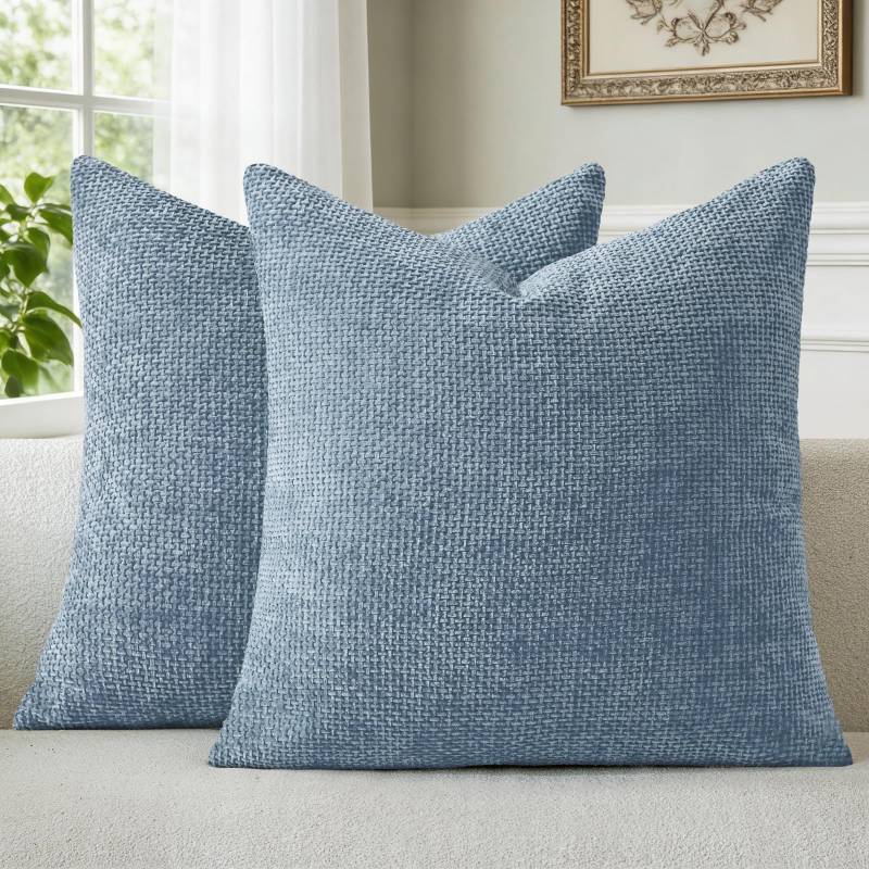 lot 56099 image: Blue Chenille Throw Pillow Covers 16x16 Inch Pack of 2 Modern Decorative Throw Pillow Covers Farmhouse Cross Covers Home Decor for Sofa Bedroom Living Room - Retail $16