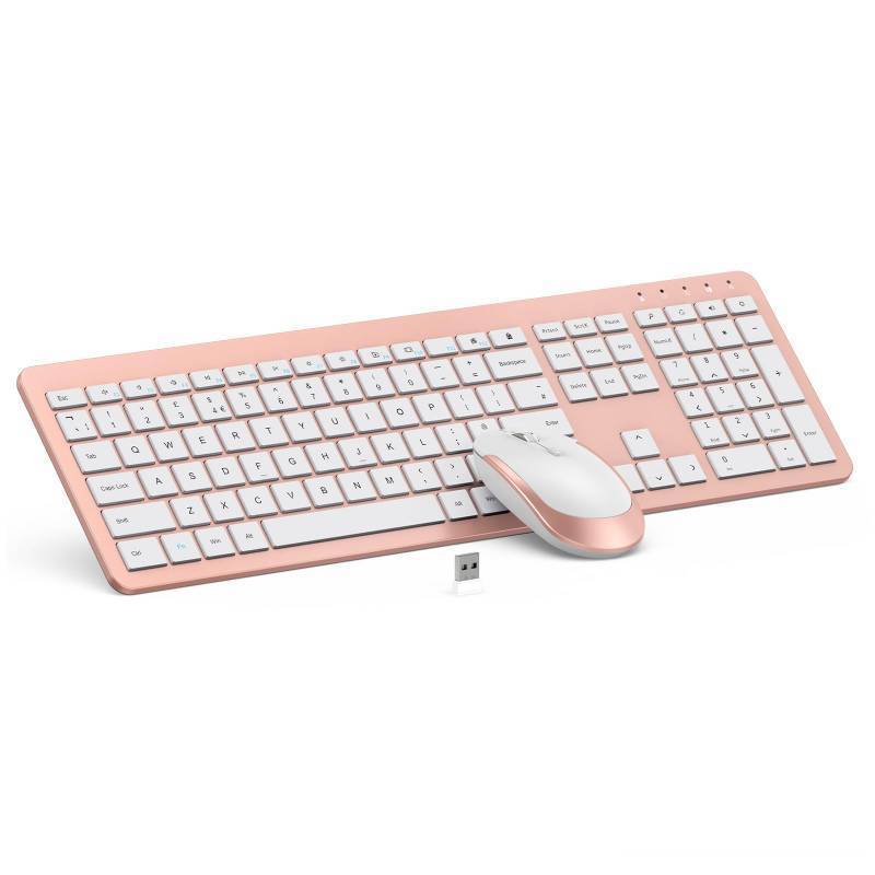 lot 56161 image: Wireless Keyboard and Mouse Combo - Full Size Slim Thin Wireless Keyboard Mouse with Numeric Keypad 2.4G Stable Connection Adjustable DPI - Rose Gold & White - Retail $36