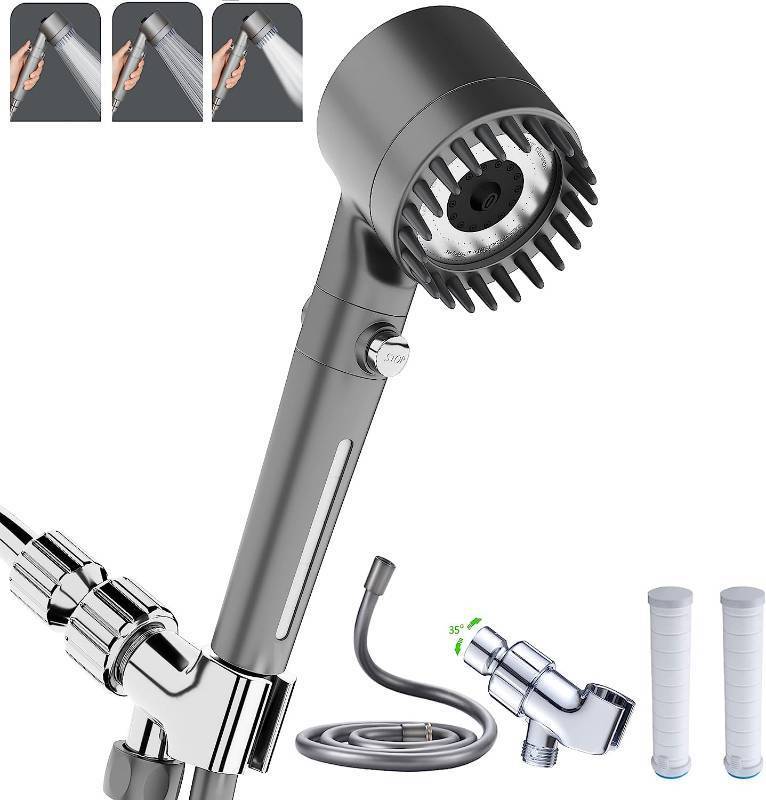 lot 56167 image: Shower Head with Handheld, Shower Heads High Pressure, High Flow Even with Low Water Pressure-Hand Held Showerhead Set,3 Modes Filtered Showerhead with Replacement HoseBracketCotton Filters - Retail $40