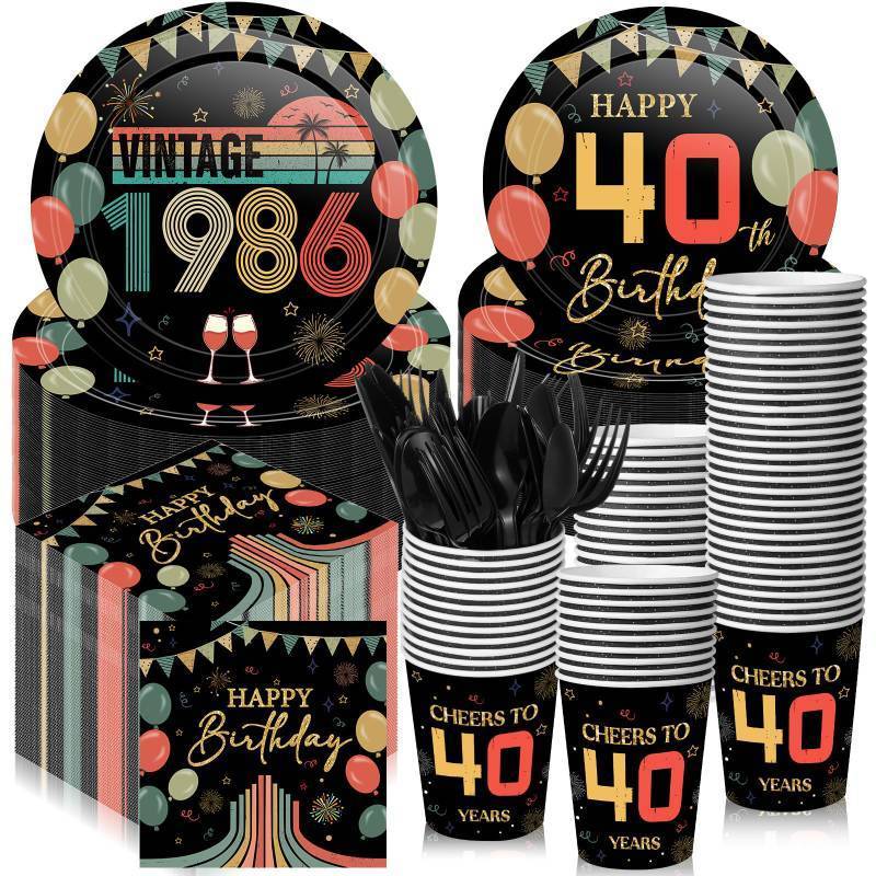 lot 56184 image: 240 Pcs Vintage 40th Birthday Decorations 1986 Birthday Party Tableware Include Plates Napkins 9oz Cups Cutlery, Cheers to 40 Years Party Supplies for Men Women Him Her, Serve 30 Guests - Retail $25