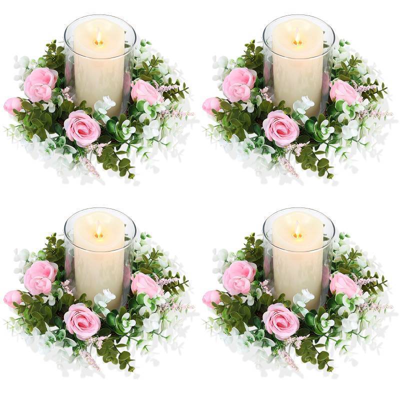 lot 56187 image: 4 Pcs Rose Candle Rings - Artificial Pink Floral Wreaths with Eucalyptus Leaves Greenery Garland for Pillar Candleholders Wedding Centerpiece Party Home Table Decor - Retail $25