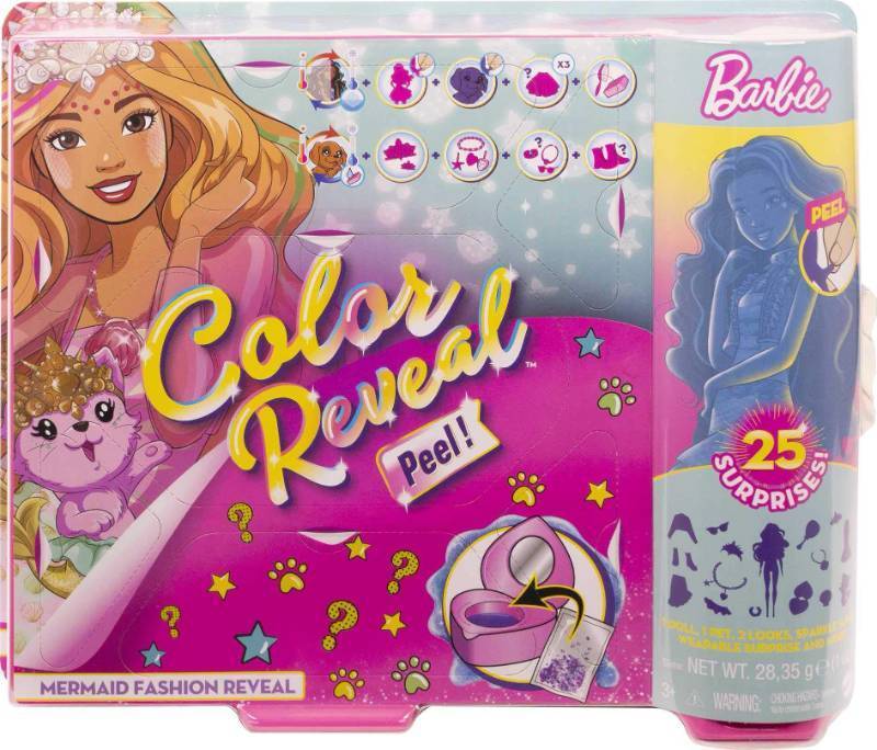 lot 56197 image: Barbie Color Reveal Peel Mermaid Fashion Reveal Doll Set with 25 Surprises Including Purple Peel-able Doll & Pet & 16 Mystery Bags with Clothes & Accessories for 2 Mermaid-Inspired Looks - Retail $44