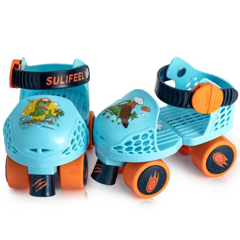 lot 56218 image: Kids Adjustable Quad Roller Skates, Toddler Beginner Roller Skates Dinosaur Blue - Retail $25