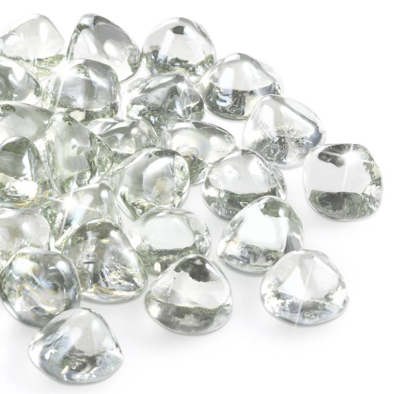 lot 56219 image: 20 Pounds Fire Pit Glass Rocks, Clear Fire Glass Beads for Propane Firepit, Fireplace and Outdoor Decoration, 1 Inch, Diamond - Shaped - Retail $50