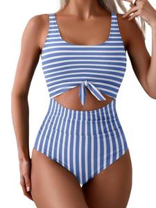 lot 26868 image: Womens One Piece Swimsuit Tummy Control Slimming Bathing Suit Cutout Tie Knot Swimwear Blue Striped M - Retail $38