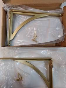 lot 26877 image: 100% Solid Brass Decorative Shelf Brackets, 10-inch Wall-Mounted Shelving Brackets, 2-Pack Antique Gold Vintage Metal Shelf Bracket Victorian Wall Bracket. - Retail $80