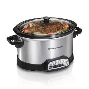 lot 26891 image: Hamilton Beach 4 Qt Programmable Slow Cooker  Stoneware Crock with Removable Pot  Stainless Steel - Retail $85