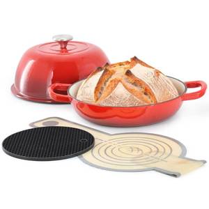 lot 26897 image: 6 qt. Enameled Cast Iron Bread Pot in Red with Baking Mat. Cosmetic Issue See Last Photo. - Retail $60