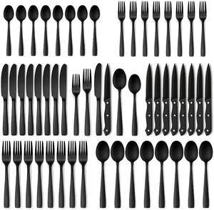 lot 26921 image: 48-Piece Matte Black Silverware Set with Steak Knives, Black Flatware Set for 8, Stainless Steel Tableware Cutlery Set, Utensil Sets for Kitchen - Retail $37