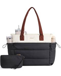 lot 26937 image: Tote Bag for Women with Giant Tumbler Holder Pocket, Puffer Work Travel Handbag with Zipper for Nurse Teacher, Quilted Cute Laptop Purse with Compartments for Office Gym, Black-Beige-Brown - Retail $40