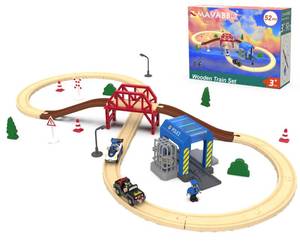 lot 26953 image: Wooden Train Set for Toddlers, 52Pcs Train Toy with Railway Track for Kids, Wooden Train Tracks Include Expansion Pack Compatible with Thomas, Brio, Chuggington - Retail $15