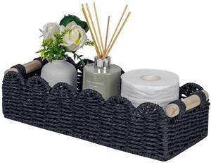 lot 26960 image: Toilet Paper Storage Basket Scalloped Edge Home Decor Basket, Living Room Cozy Decor, Paper Rope Small Baskets for Over Toilet Storage Shelf, End Table, Shelves, with 2 Wooden Handles, Black - Retail $19
