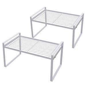 lot 26972 image: 2 Pack Kitchen Cabinet Shelf Counter Organizer Rack Pantry Storage Bathroom Bedroom Office Table Desk Space Saving Steel Frame Stackable Rust Resistant Non Slip White - Retail $31