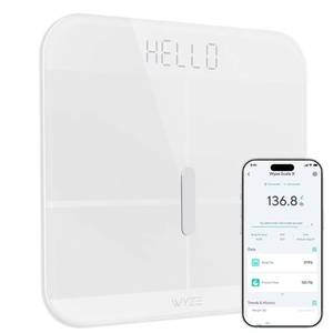 lot 26977 image: Wyze Smart Scale X - Digital Bathroom Scale for Body Weight, BMI, Body Fat, Muscle Mass, Heart Rate Monitor  ITO Glass & LED Backlight , 400 lbs.  DAMAGE in Lower Left Corner. - Retail $40