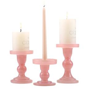 lot 26979 image: GMWD 3 Pcs Glass Candle Holder Set Clear, Pink Candlesticks Holders Pillar Taper Candles Tealight Stand for Wedding Centerpieces Home Decorations Dining Table - Retail $26
