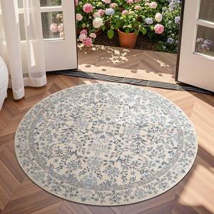 lot 26980 image: Zenith Round Rug 4ft Area Rug Soft 4Round Floral Aesthetic Rug Non-Slip Low-Pile Machine Washable Carpet for Entryway Bedroom Kids Room Kitchen College Dorm BlueCream - Retail $40
