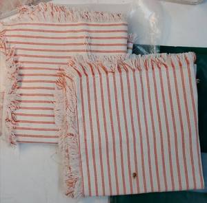 lot 26985 image: Throw Pillow Covers 22x22 Set of 2 Striped Pillow Covers with Fringe Chic Cotton Decorative Pillows Square Cushion Covers for Sofa Couch Bed Living Room Farmhouse. Needs to be Washed. - Retail $46