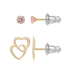 lot 100 image: Brilliance Fine Jewelry Girl��s 14kt Yellow Gold Cubic Zirconia and Double Heart Stud Earring Set
