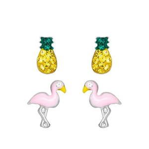 lot 106 image: Brilliance Fine Jewelry Girl��s Sterling Silver Crystal Pineapple and Flamingo Stud Earring Set