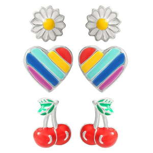 lot 110 image: Brilliance Fine Jewelry Girl��s Sterling Silver Daisy  Heart and Cherry Icon Stud Earring Set  3 Pairs