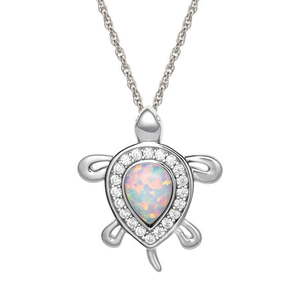lot 121 image: Sterling Silver Cubic Zirconia and Created Opal Turtle Pendant  18  Chain