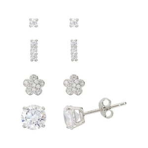 lot 133 image: Believe by Brilliance Women s Flower & Round Stud Earrings  Sterling Silver  2.50 in  (Includes 4 Pieces)
