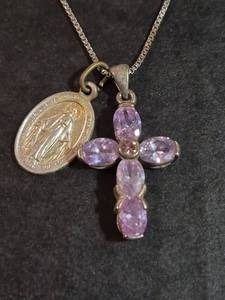 lot 152 image: Sterling Silver Chain Necklace with Amethyst Cross and Religious Medal Pendants