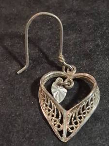 lot 157 image: Sterling Silver Filigree Heart Dangle Earrings with Leaf Charm