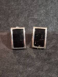 lot 158 image: Silver Tone Rectangular Stud Earrings with Black Stone Inlay