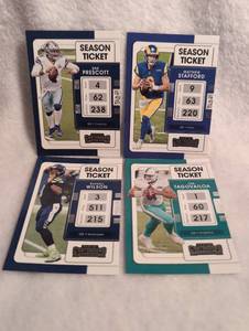 lot 1050 image: 2021 Panini Contenders Football Season Ticket Cards - Dak Prescott, Matthew Stafford, Russell Wilson, Tua Tagovailoa