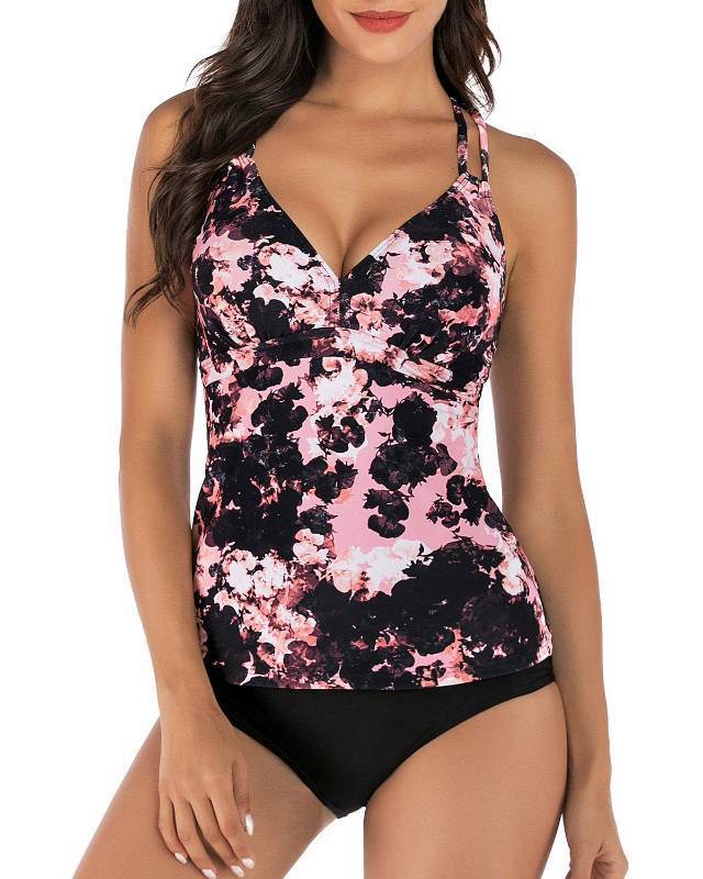 lot 3310 image: HAIVIDO Womens Tankini Swimsuits V Neck Criss Cross Back Two Piece Bathing Suits Adjustable Padded Tankini Top with Bikini Bottom Print-8 L - Retail $40